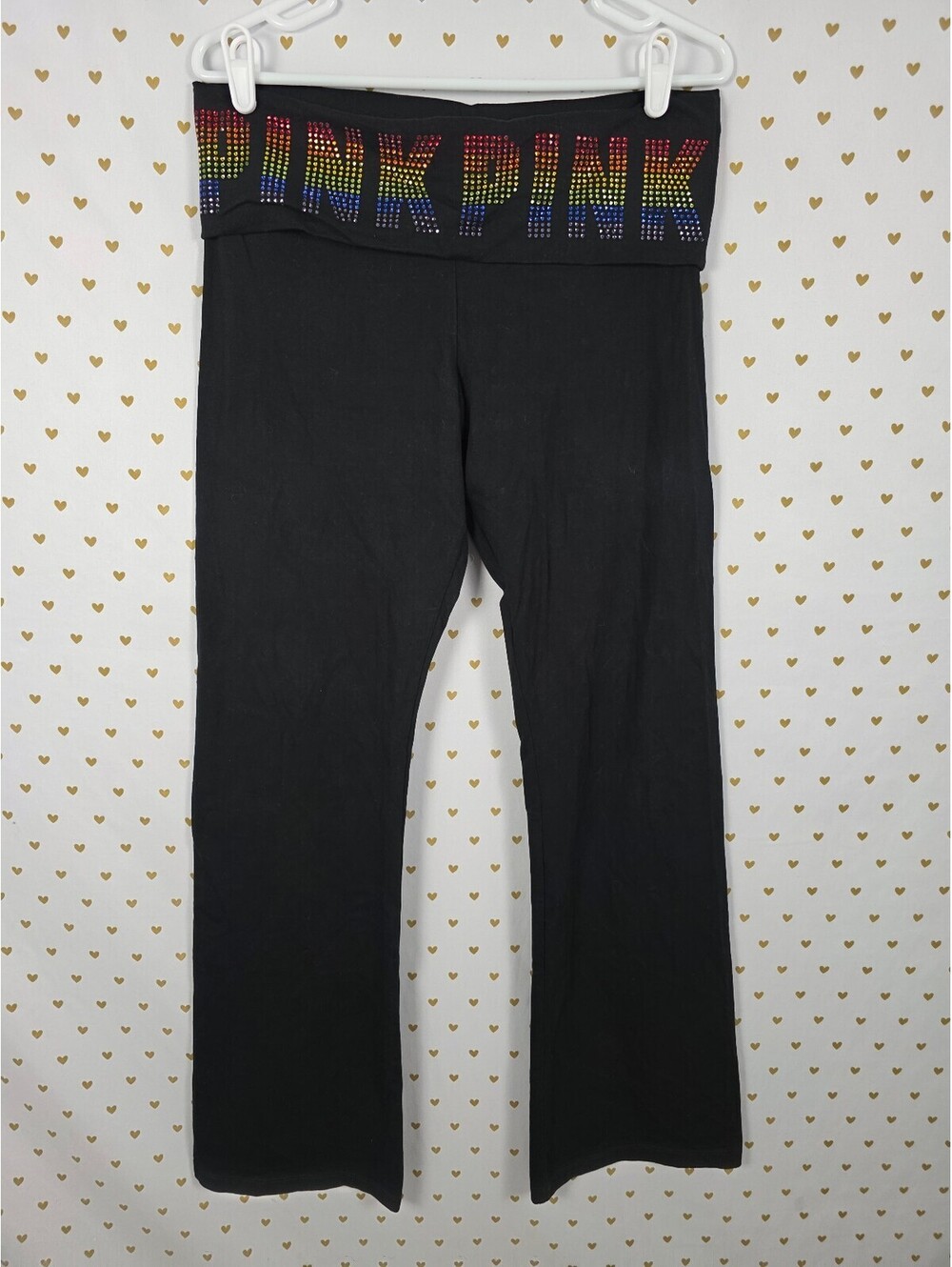 Victorias Secret PINK BLING Rainbow Studded FOLDOVER Yoga Pants LARGE Flared